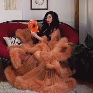 Catherine D’Lish Cassandra Marabou Burlesque Robe | Rose Gold Size S